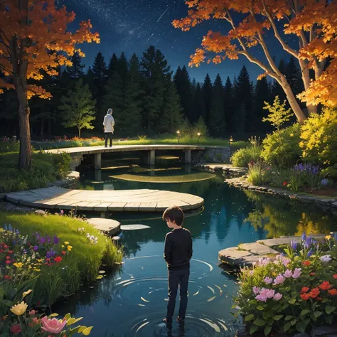 Small pond, night, bench, man in a sweatshirt, from the back, darkness, Beautiful, melancholy, Shadow, beautiful view, compact