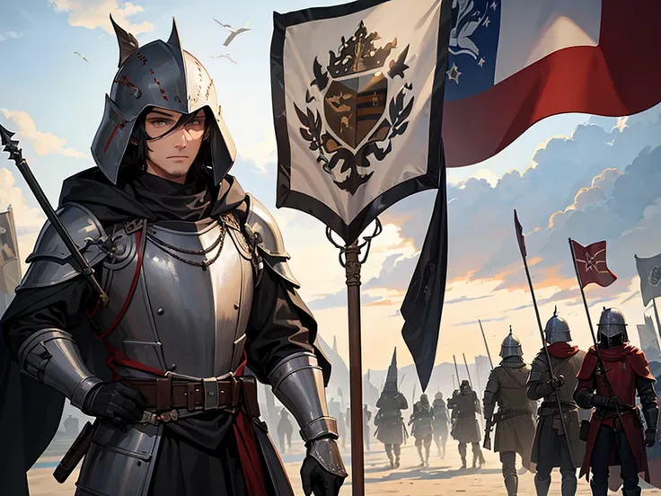 Man in heavy armor, Closed helmet, cloak, flag, army in the background, overall plan, many soldiers in heavy armor and helmets with spears in their hands, paladin armor 