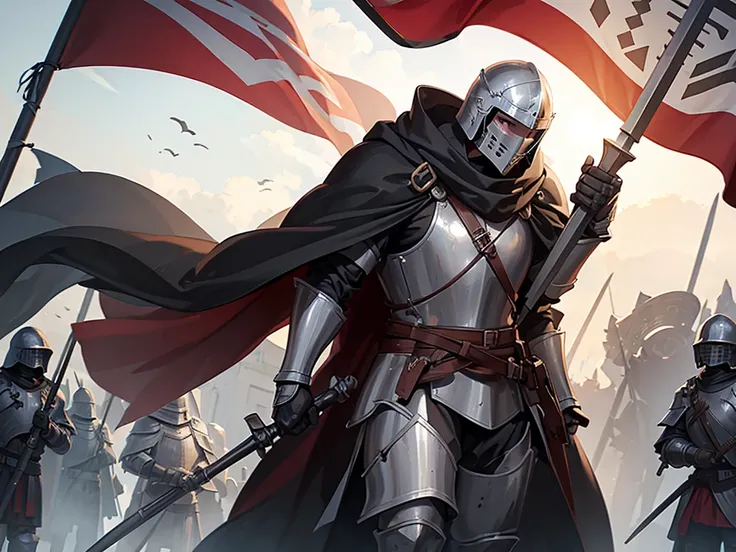 Man in heavy armor, Closed helmet, cloak, flag, army in the background, overall plan, many soldiers in heavy armor and helmets with spears in their hands, paladin armor, in detail, 