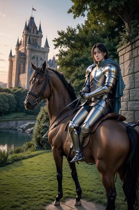 A valiant and noble knight in shining armor near a fantasy manwha castle at dawn with a brave posture