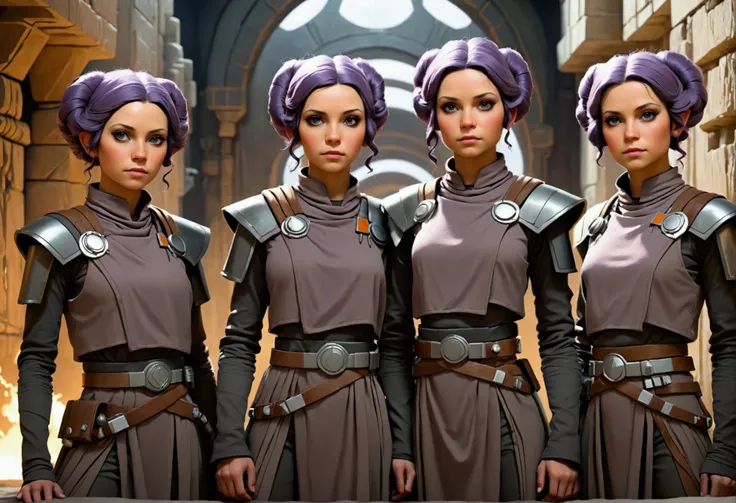 (star wars acolyte) clothed, a group of lesbian space witches(not the hot kind, plain to a little ugly) celebrate the birth of identical twins, stone fortress