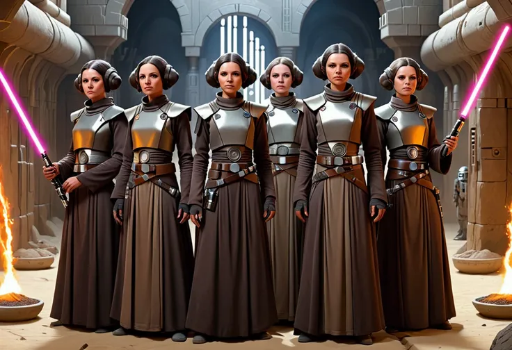 (star wars acolyte) clothed, a group of lesbian space witches(not the hot kind, plain to a little ugly) celebrate the birth of identical twins, stone fortress