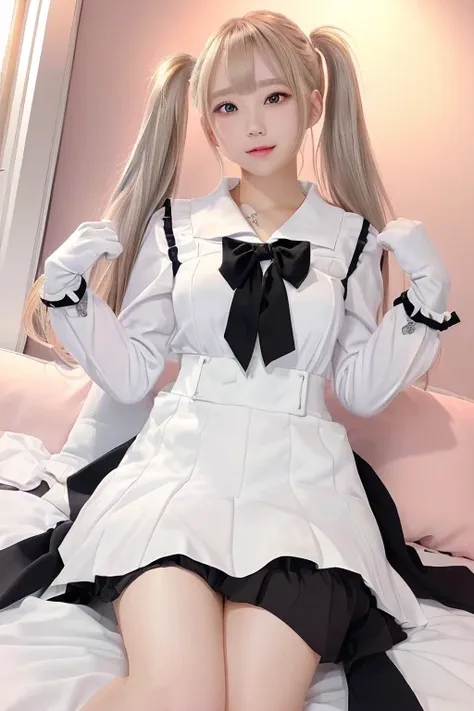 ベッドに座っている大きな胸と大きなtitsを持つアニメの女の子, twin tails white_gloves, , enchanting anime girl, on pixiv top rated, white-haired god, pixiv 3...