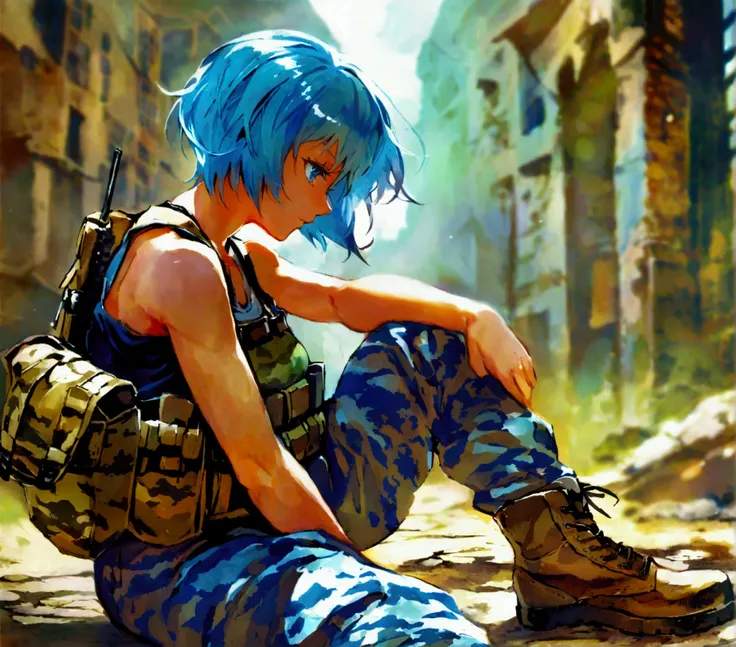 Tomboyish miltary style girl, blond short hair, blue eyes, wearing belly free tanktop reveling her toend abs also wearing camo print trak pants as well as Military style combat boots. backround is a city ruin