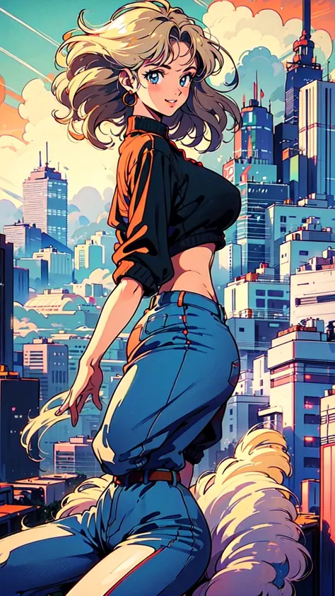 (80s, Retro, City Pop Poster:1.5), (Album cover), (masterpiece, Highest quality), (anime, figure), 
Best Photo Poses, Dynamic Angle, Cowboy Shot, blonde Russian girl, 19 years old, Large Breasts, Wide Hips, Perky ass, Round ass,
girl, alone, smile, A perfe...