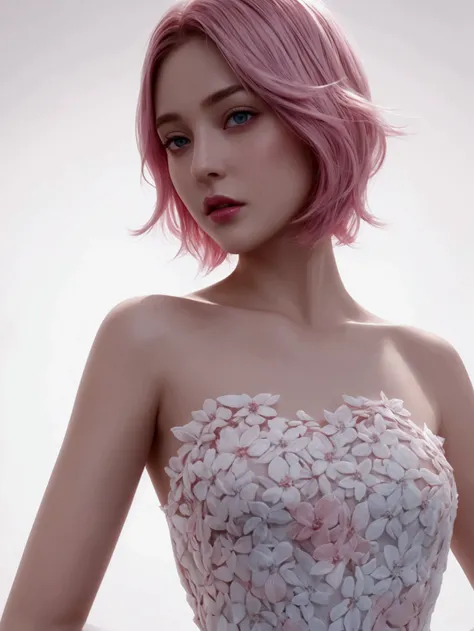 high quality,masterpiece,extremely detailed,high res,4k,ultra high res,detailed shadow,ultra realistic,realistic,dramatic lighting,1girl,solo,detailed face,realistic eyes,realistic skin,pink hair,dynamic pose, dynamic angle, white flowery dress, short hair...