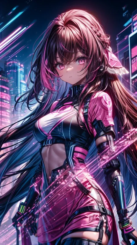 black woman with long dark brown straight hair, wearing futuristic and pink clothing, has pink streak in hair and brown eyes.