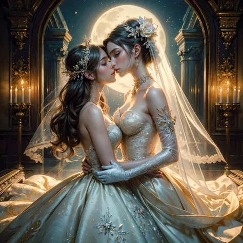 (masterpiece, highest quality, official art, beauty and aesthetic:1.5), perfect anatomy, two stunning bride is deeply in love with each other, kiss, romantic atmosphere, flower and moon, magnificent panorama view