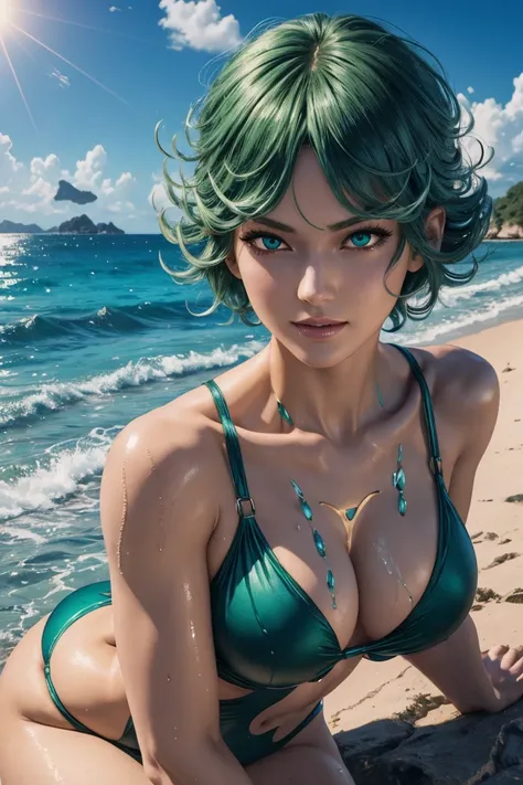 One Punch Man,Tatsumaki the Terrified,Emerald green eyes,Emerald green hair,Photorealistic,Ultra HD,high quality,masterpiece,Digital SLR,Detailed details,Intricate details,Anatomical basis,Depicted in detail,A detailed face,Realistic skin texture,Vivid det...