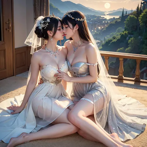 (masterpiece, highest quality, official art, beauty and aesthetic:1.5), perfect anatomy, two stunning bride is deeply in love with each other, kiss, romantic atmosphere, flower and moon, magnificent panorama view