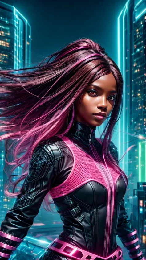 black woman with long dark brown straight hair, wearing futuristic and pink clothing, has pink streak in hair and brown eyes.