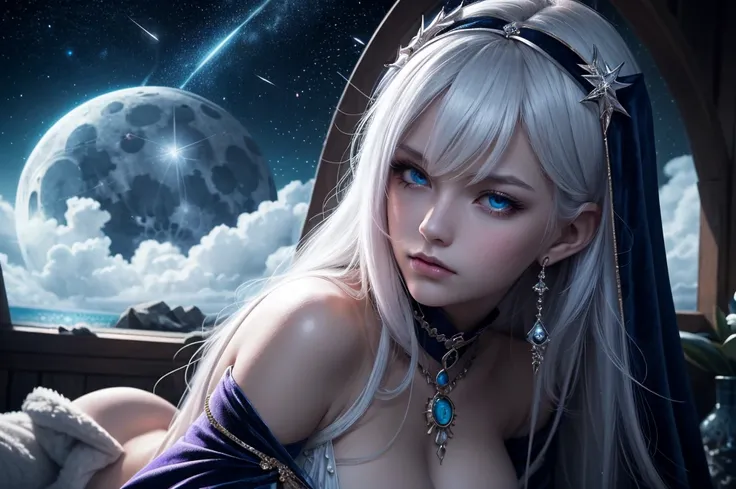 Name: Elysande the priestess of the blue moon

Eyes: One delicate lilac, the other deep ocean blue.
Cloak: Midnight velvet, woven with memories—a falling star, a forgotten kiss, and the echo of a lullaby.
Moonlight: Silver bathes her, craters become conste...