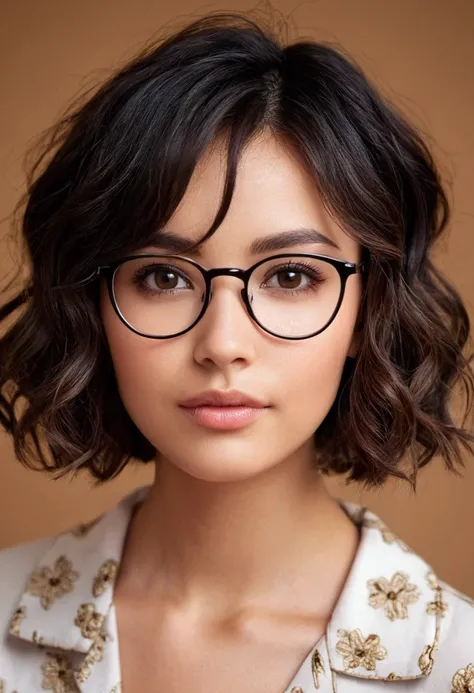 cute girl, cute and gorgeous face, short, short hair, black hair with brown highlights, wavy hair, brown eyes, a very pretty face with fine features, eyes with dark circles, small breasts, thin and wears glasses, wears a pajama