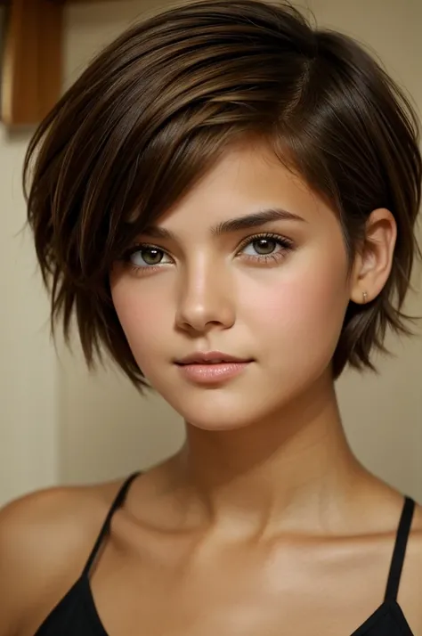 Tomboy style short hair girl, brown hair and honey eyes