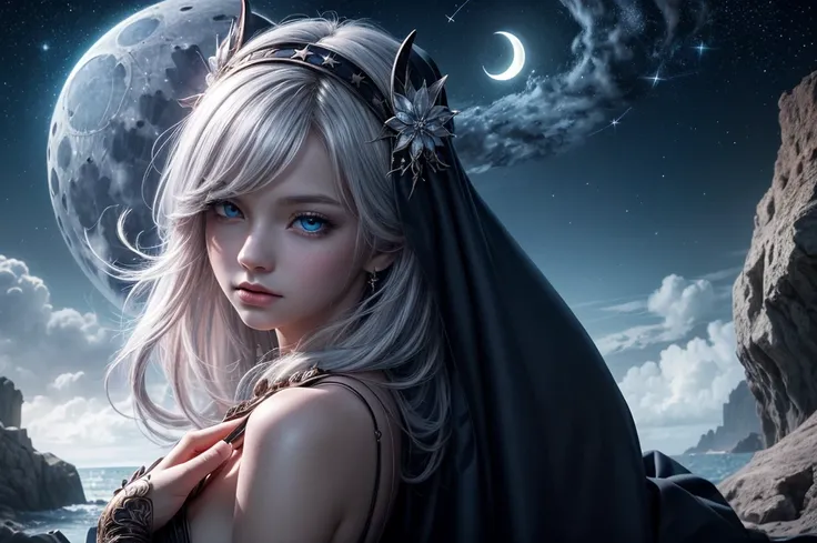 Name: Elysande the priestess of the blue moon

Eyes: One delicate lilac, the other deep ocean blue.
Cloak: Midnight velvet, woven with memories—a falling star, a forgotten kiss, and the echo of a lullaby.
Moonlight: Silver bathes her, craters become conste...