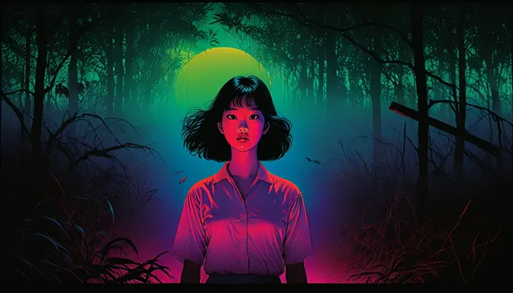 An illustration、art、80s Thai horror movie poster, Supervised by Junji Ito、Attention to detail, Realistic Shadows、Analog Style, chromatic aberration, Surrealism、Complementary Gradient