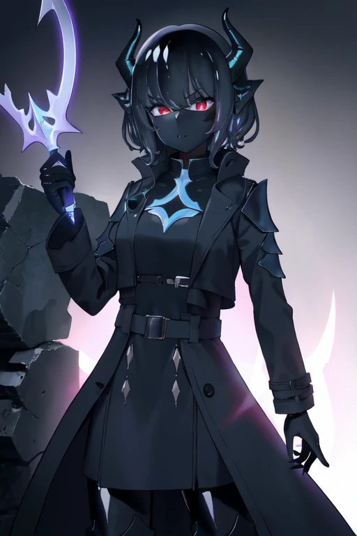 Waifu dragon slime  with light armor and a dark trench coat, electronic mask, obsidian sword 
