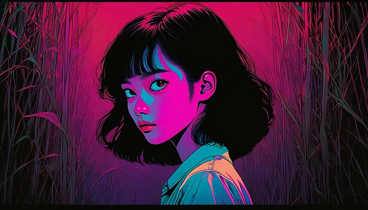 An illustration、art、80s Thai horror movie poster, Supervised by Junji Ito、Attention to detail, Realistic Shadows、Analog Style, chromatic aberration, Surrealism、Complementary Gradient