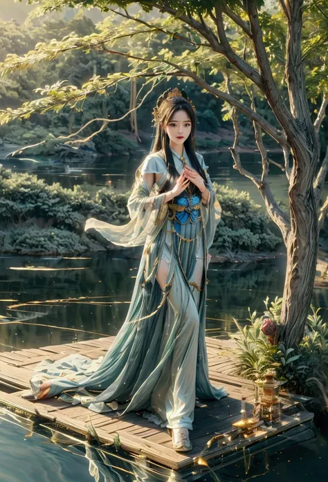 shan,watercraf11t,boat,bird,tree,scenery,water,lake,mountain,outdoors,reflection,nature,river, (masterpiece:1.3), (best quality:1.3), 1girl, deressed in hanfu, little open chest, big breast, full body (kawaii background:1.3),(extremely detailed fine touch:...