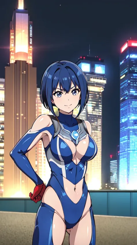 michirutojo, masterpiece, View your viewers,
Blue Hair, Cowboy Shot、Combat Stance、Ultraman bodysuit、Large Breasts、Hero Suit,Tight suit,smile、(building:1.2)、Night view