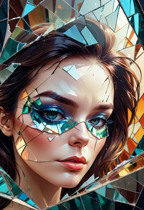 a close up of a broken glass with a womans face, Digital art by Cyril Rolando, Trends in CG society, Digital art, broken mirror, Fractured reality, inside, broken stained glass, cracked mirror, broken glass, inside abstractions, broken mirrors composition,...