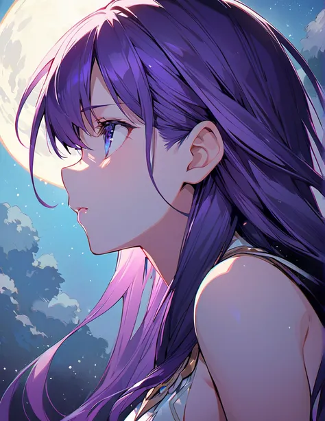 Profile of a sad, purple-haired, long-haired, princess-dressed beautiful girl, side-boob exposed　Screentone processing　Looking up at the moon　Shaded painting style　　vivid description
