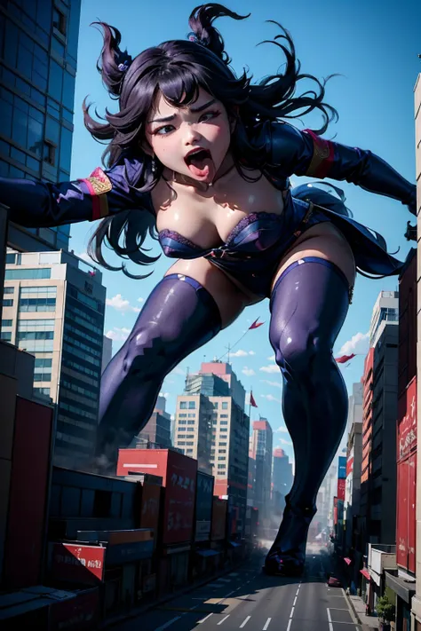 a giant woman tramples down the city々we are attacking。