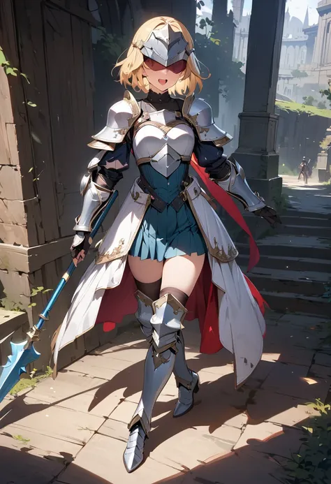 (masterpiece),(best quality),(ultra-detailed),(best illustration),(best shadow),(absurdres),(detailed background),(very aesthetic), 1girl, weapon, solo, polearm, armor, helmet, full-body, holding-weapon, holding, breastplate, open-mouth, thighhighs, blonde...