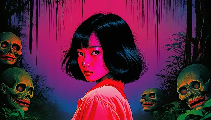 An illustration、art、80s Thai horror movie poster, Supervised by Junji Ito、Attention to detail, Realistic Shadows、Analog Style, chromatic aberration, Surrealism、Complementary Gradient