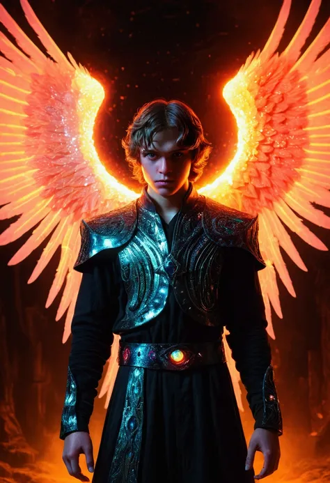 Cosmic Fallen Angel, glowing light eyes, Biomechanics, weirdcore, nasty, nightmarish, very bright colors, light particles, with light shining, Mshiff, Wallpaper Art, UHD Wallpaper, anakil skywalker, 15year old, medieval clothes