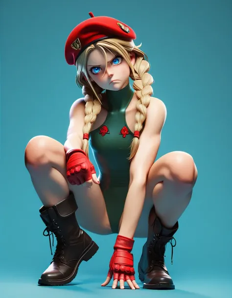 Stylized, full-body illustration of a female cally character in a dynamic pose. She has light skin and long blonde hair styled in two braids. She is wearing a red beret, red fingerless gloves, a green leotard with camouflage patterns, and black combat boot...