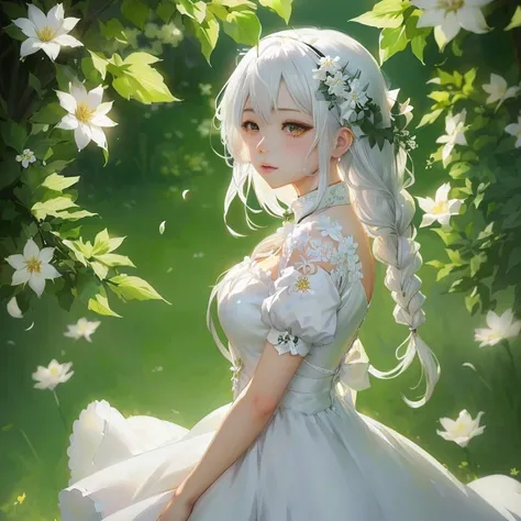 anime girl in white dress with flowers in hair and dress,  in dress, guweiz on pixiv artstation, cute anime waifu in a nice dress, guweiz on artstation pixiv, girl with white hair, white dress!! of silver hair, white haired deity, guweiz, beautiful anime p...