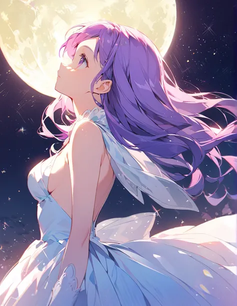 Profile of a beautiful girl with long purple hair and a princess dress, side boob exposed　Screentone processing　Looking up at the moon　Shaded painting style　Shining Star　vivid description
