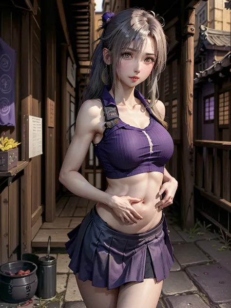 ((((InoYamanaka)))), (((purple shirt collared, sleeveless, medium breasts, navel, long hair, blonde, ponytail, hair over one eye, lips, gray eyes, purple skirt, thigh, bare shoulder))), (((narrow alley, edo architecture, village, outdoor))), ((cum navel:1....