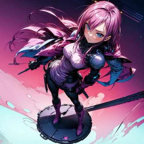 Ultra detailed, full background, Full body version, Grassroots, background in field, (solo, girl, cyborg, blue eyes, magenta color hair, long hair, Boots), standing gesture, hand turns into a shotgun, high angle view 