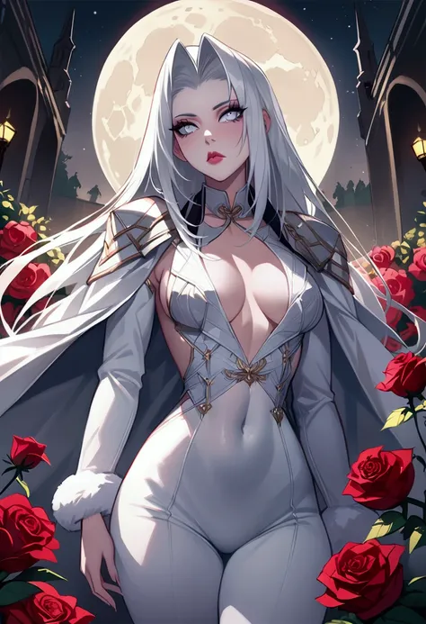 masterpiece, highest quality, (solo focus), (perfect face:1.1), (high detail:1.1), (hyper detailed eyes), dramatic, a guy with pale skin and long voluminous white hair, white eyes, solo, long hair, Sephiroth, moon, night, white luxury suit, covered navel, ...