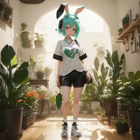 anime girl in a white shirt and black shorts standing in a room with potted plants, with bunny ears, artwork in the style of guweiz, with big rabbit ears, anime style 4 k, guweiz, rin, realistic anime 3 d style, anime style. 8k, anime art wallpaper 8 k, an...