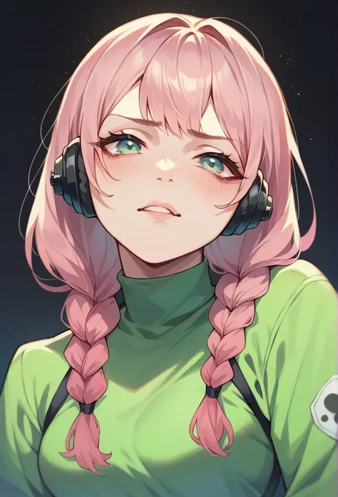 Free fire gamer style female character. With hair with two braids. In a green outfit with black background