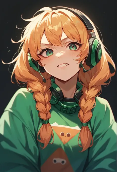 Free fire gamer style female character. With hair with two braids. In a green outfit with black background