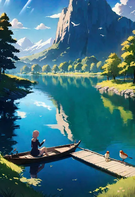 shan,watercraf11t,boat,bird,tree,scenery,water,lake,mountain,outdoors,reflection,nature,river, (masterpiece:1.3), (best quality:1.3), 1girl, (kawaii background:1.3),(extremely detailed fine touch:1.3),(hard light, studio light, light rays, dappled light, r...