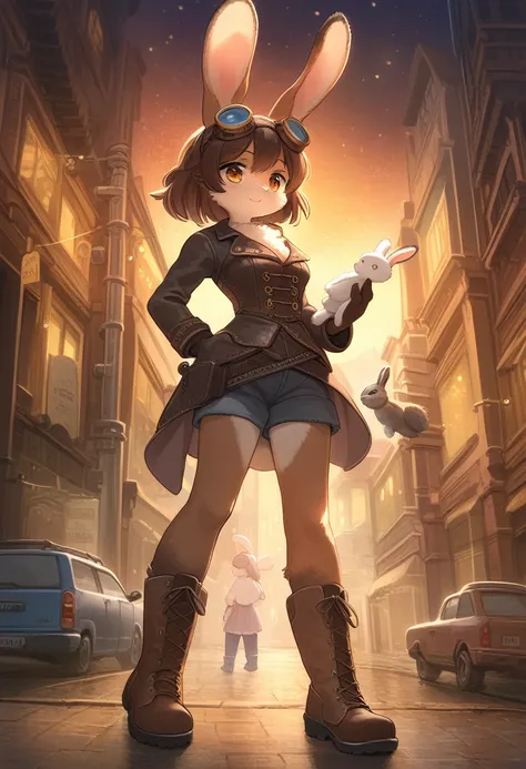 ((Masterpiece)), ((Best Quality)), (Very Detailed), ((Very Detailed)), 4K, (8K), very aesthetic, absurdres highres, 1 girl, (anthropomorphic Rabbit, furry, kemono:1.5), A lively woman wears a steampunk costume and stands in a steampunk city surrounded by c...