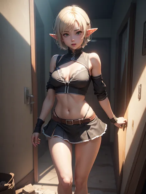 Cute small little teen, very little elf girl short hair, short skirt, showing your charm, showing your body, showing tongue, large tongue, ahegao face, pleasure face, perfect body, skinny, small, dynamic pose, skinny, wearing very short clothes. very small...