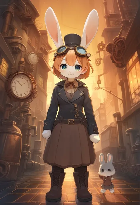 ((Masterpiece)), ((Best Quality)), (Very Detailed), ((Very Detailed)), 4K, (8K), very aesthetic, absurdres highres, 1 girl, (anthropomorphic Rabbit, furry, kemono:1.5), A lively woman, painted in Van Gogh-like strokes, wears a steampunk costume with intric...