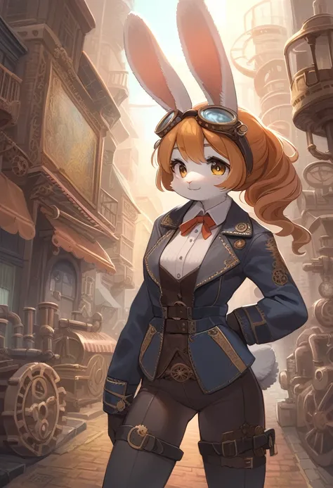 ((Masterpiece)), ((Best Quality)), (Very Detailed), ((Very Detailed)), 4K, (8K), very aesthetic, absurdres highres, 1 girl, (anthropomorphic Rabbit, furry, kemono:1.5), A lively woman, painted in Van Gogh-like strokes, wears a steampunk costume with intric...