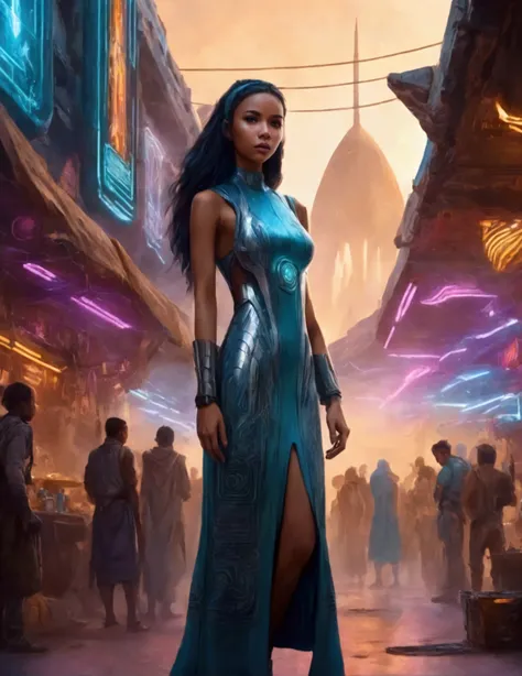 a lovely woman in an airy dress, marketplace on tattooine, aliens, star wars, cyberpunk, neon lights, crowd, futuristic, vibrant colors, detailed, photorealistic, 8k, high quality, cinematic, dynamic pose, beautiful girl, long flowing hair, intricate dress...