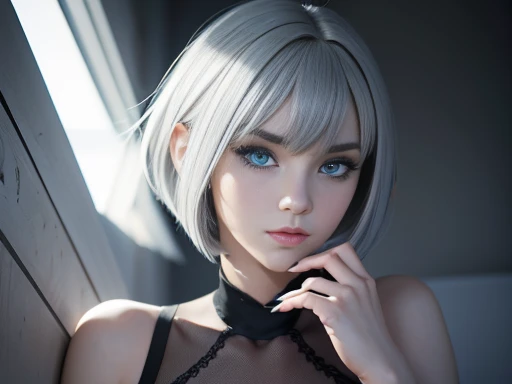 3d digital art masterpiece, cute girl with asymmetrical face, blue eyes white skin eyeliner, slim full body 2d hair short bob st...