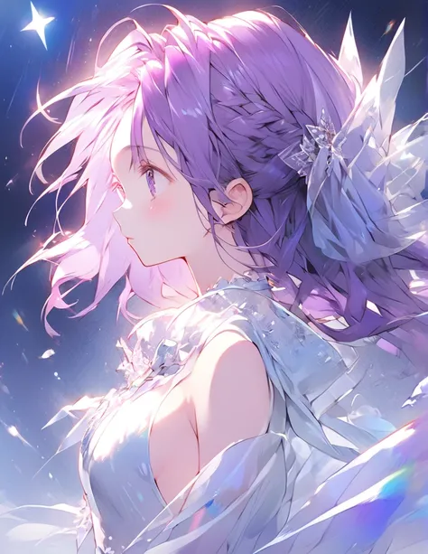 Profile of a beautiful girl with long purple hair and a princess dress. Side boob exposure.　Screentone processing　Looking up at the moon　Shaded painting style　Shining Star　vivid description
