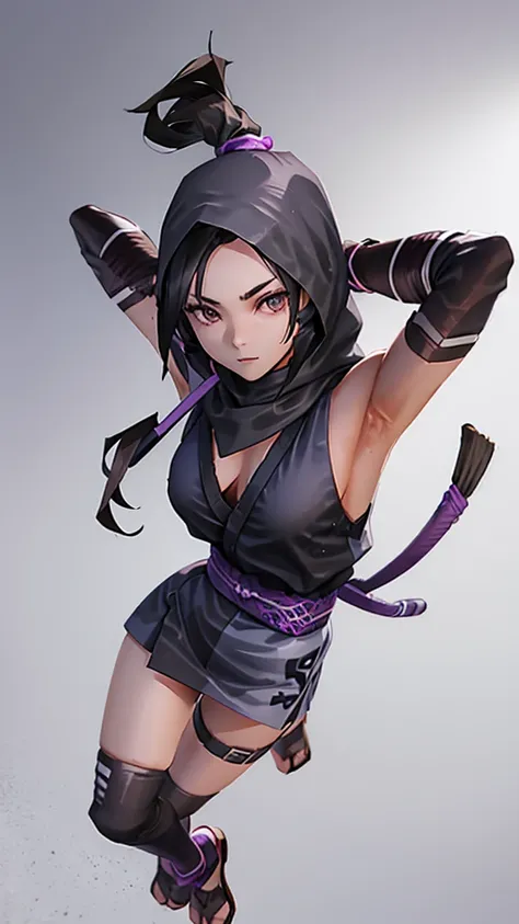 Girl, 16 years old, Black hair, light brown eyes, ninja belt, ninja outfit , black and lilac