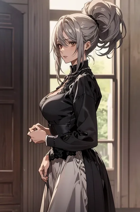 (Highest quality, High resolution, Very detailed),  Silver Hair, Long ponytail hair, Reddish brown eyes, Large Breasts, Black long dress, Formal Wear, 20th Generation, mature, Beautiful woman, quiet, Calm, venue, Black Long Sleeve Dress,