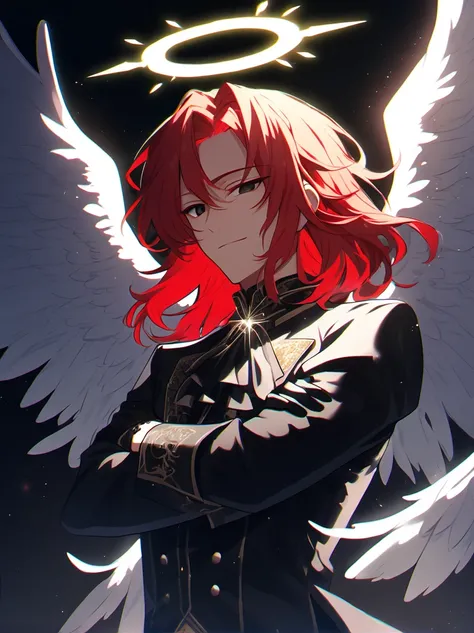 Solo male, male, medium hair, bright red hair, black eyes, halo above head, white wings, straight face,  fancy clothing, black gloves, crossing arms, shining light